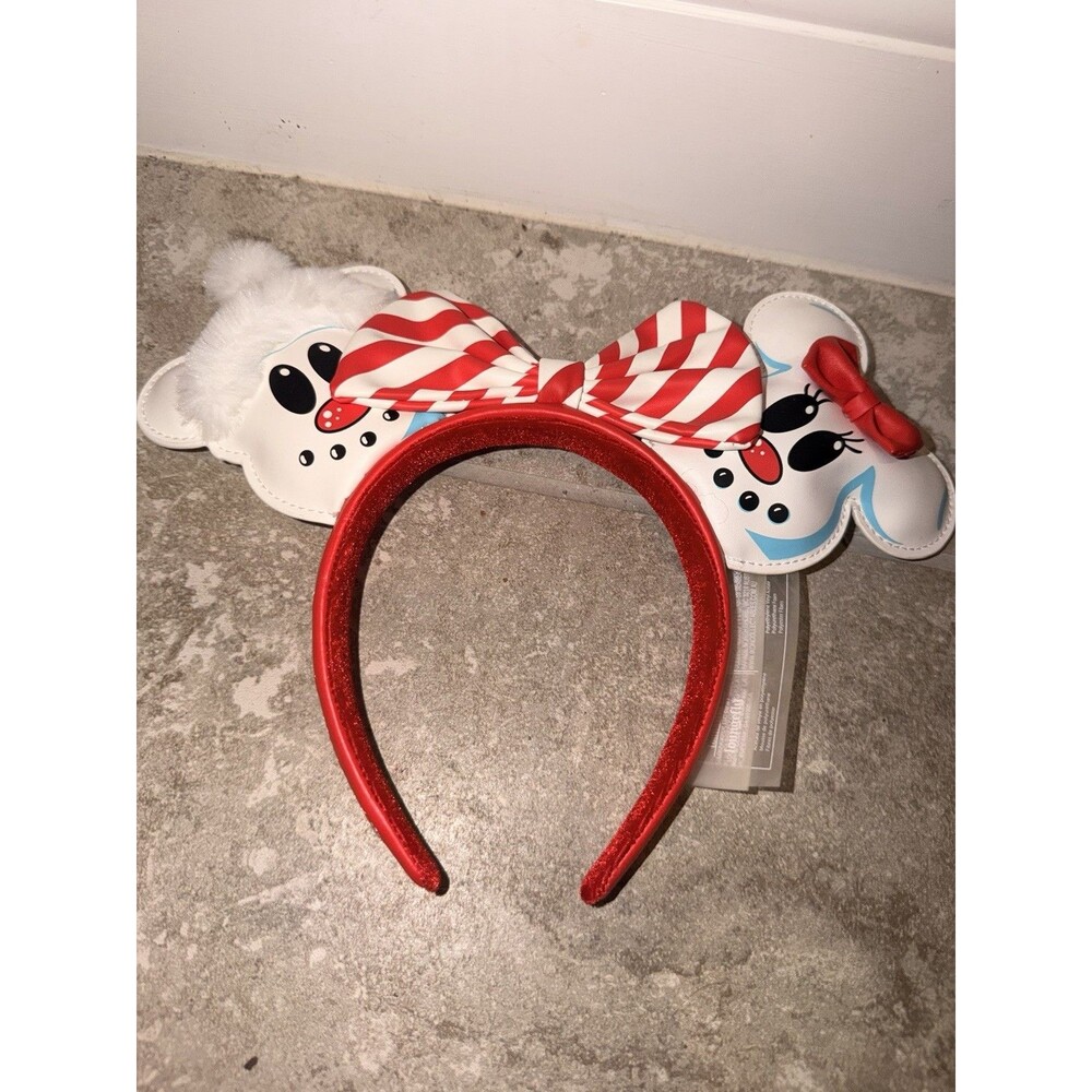Loungefly Disney Snowman Mickey & Minnie Mouse Ears Striped Bow Holiday Headband